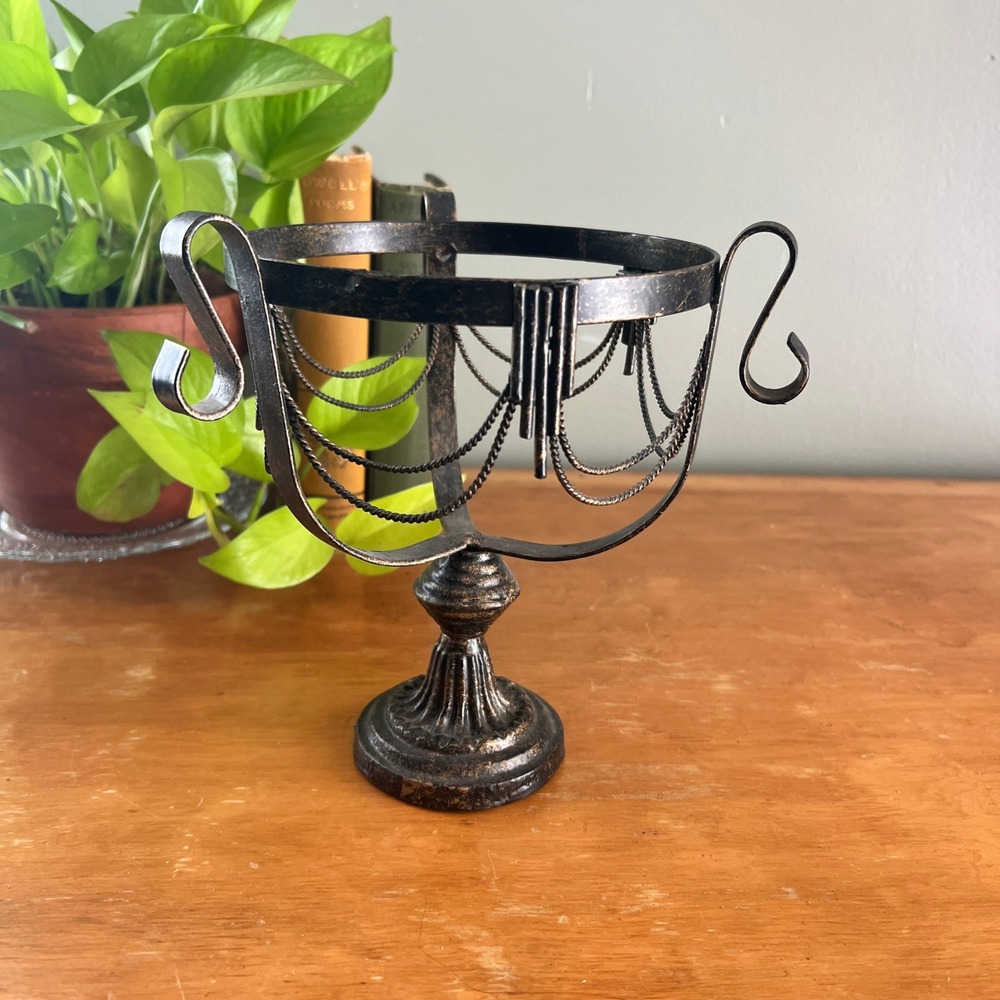 Vintage Distressed Bronze Metal Bowl Stand Gothic Chain Swag Pedestal Holder